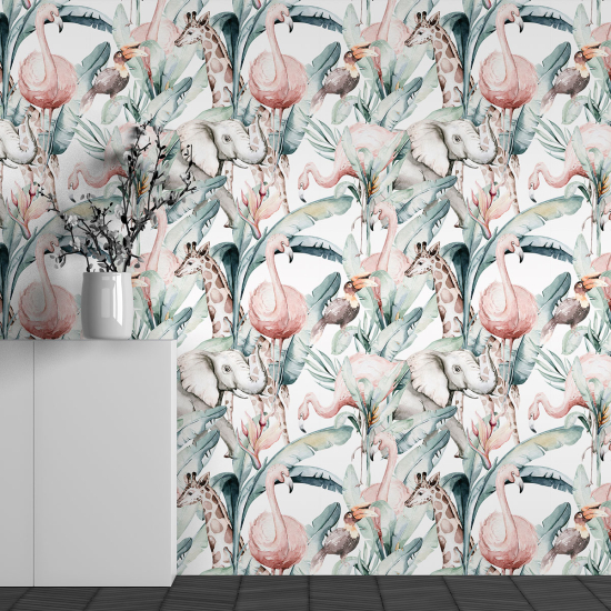 Panoramic Wallpaper - Kid Wall Mural - Flamingo Elephants Pattern