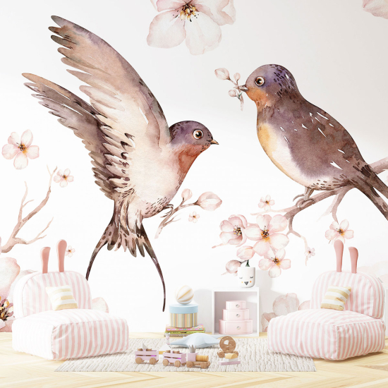 Panoramic Wallpaper - Kid Wall Mural - Flowers Birds