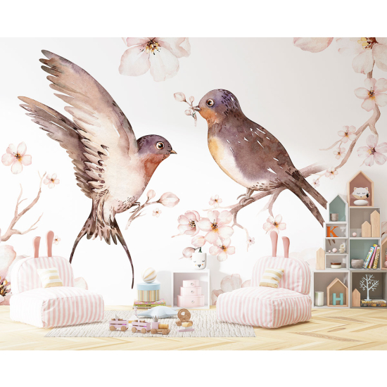 Panoramic Wallpaper - Kid Wall Mural - Flowers Birds