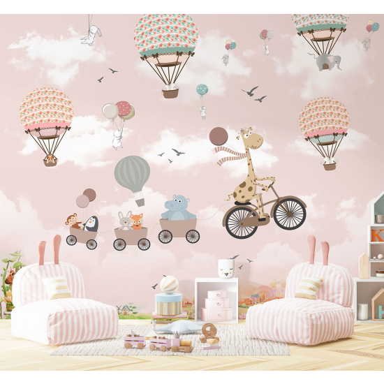 Panoramic Wallpaper - Kid Wall Mural - Hot Air Balloon Animals