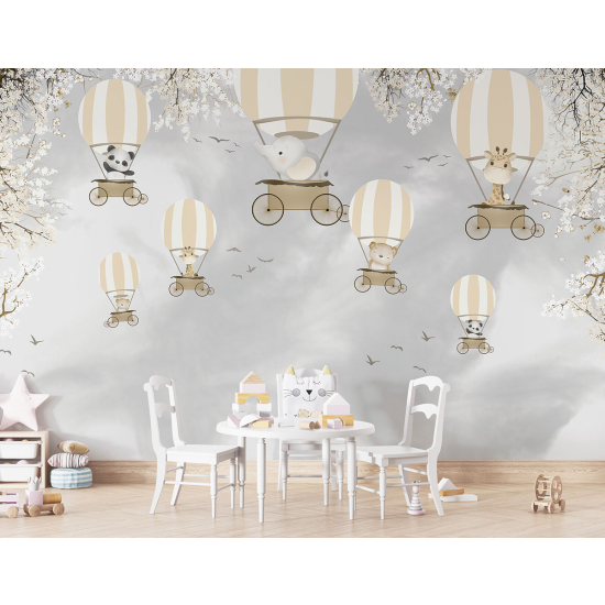 Panoramic Wallpaper - Kid Wall Mural - Hot Air Balloon Animals