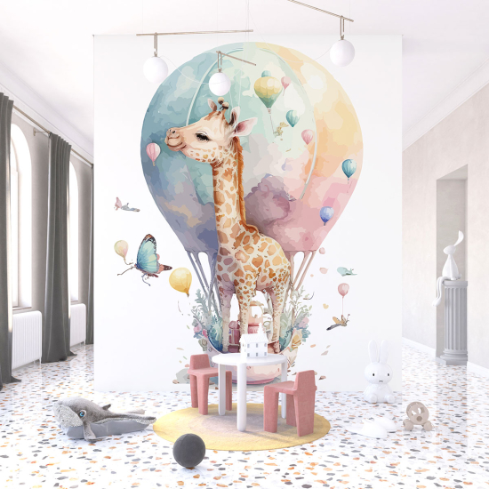 Panoramic Wallpaper - Kid Wall Mural - Hot Air Balloon Giraffe