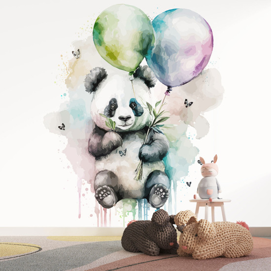 Panoramic Wallpaper - Kid Wall Mural - Panda Balloons