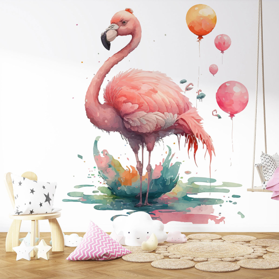 Panoramic Wallpaper - Kid Wall Mural - Pink flamingo balloons