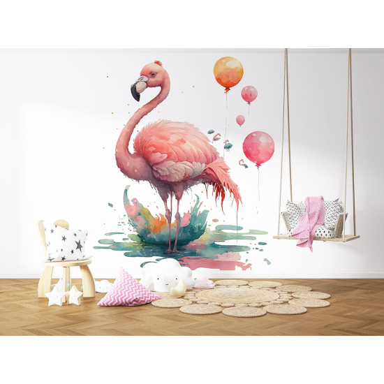 Panoramic Wallpaper - Kid Wall Mural - Pink flamingo balloons