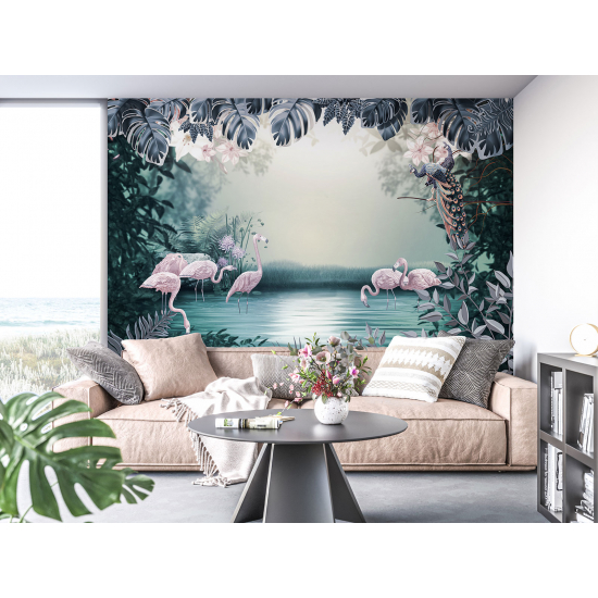 Panoramic Wallpaper - Kid Wall Mural - Pink Flamingo Flowers