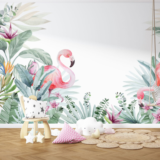 Panoramic Wallpaper - Kid Wall Mural - Pink flamingos