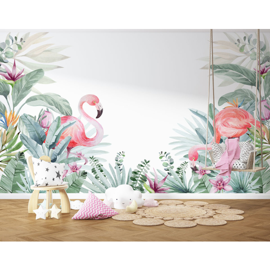 Panoramic Wallpaper - Kid Wall Mural - Pink flamingos