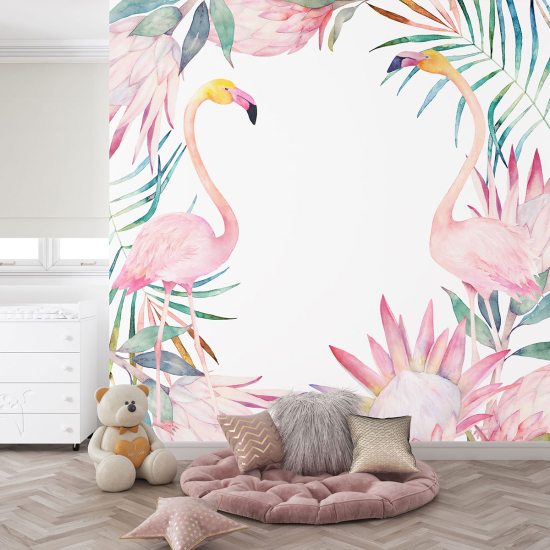 Panoramic Wallpaper - Kid Wall Mural - Pink flamingos