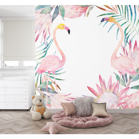 Panoramic Wallpaper - Kid Wall Mural - Pink flamingos