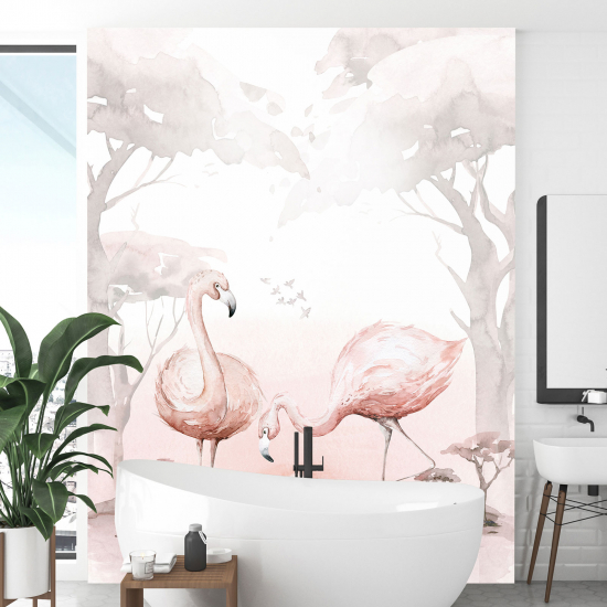 Panoramic Wallpaper - Kid Wall Mural - Pink flamingos