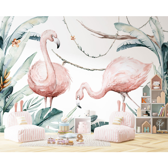 Panoramic Wallpaper - Kid Wall Mural - Pink flamingos