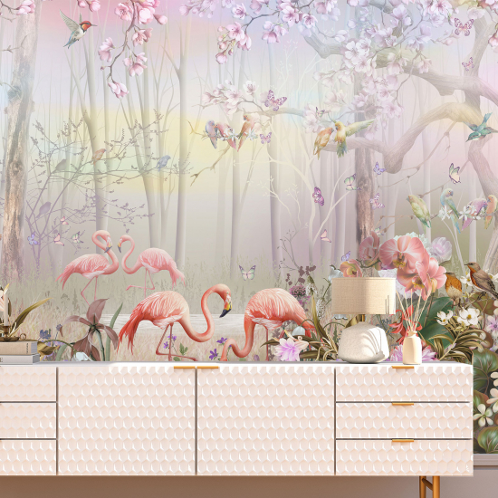 Panoramic Wallpaper - Kid Wall Mural - Pink flamingos