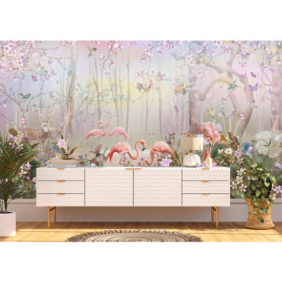 Panoramic Wallpaper - Kid Wall Mural - Pink flamingos