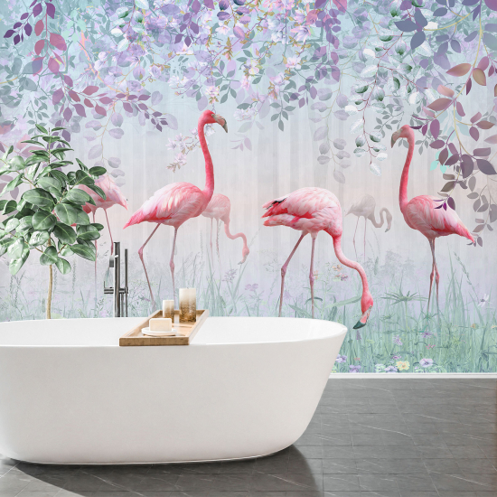 Panoramic Wallpaper - Kid Wall Mural - Pink Flamingos Design