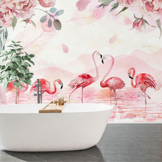 Panoramic Wallpaper - Kid Wall Mural - Pink Flamingos Flowers