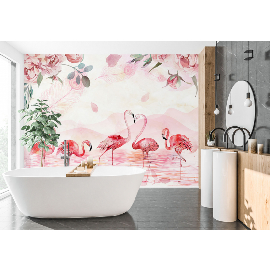 Panoramic Wallpaper - Kid Wall Mural - Pink Flamingos Flowers