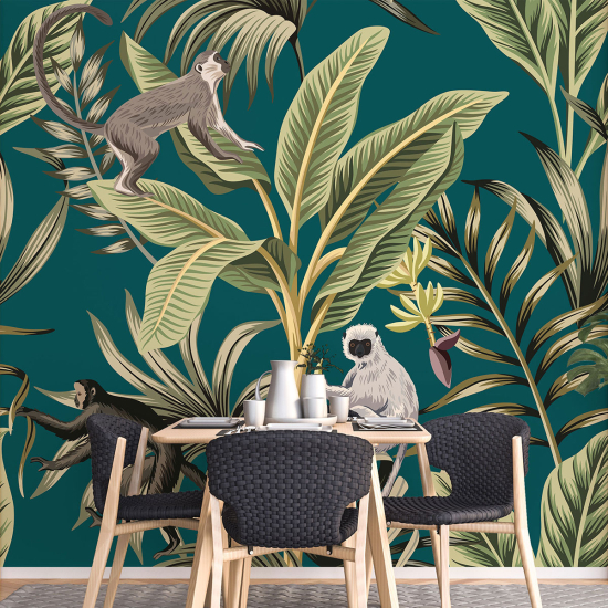 Panoramic Wallpaper - Kid Wall Mural - Tropical Leaves Monkeys