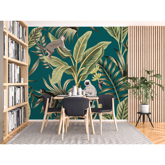 Panoramic Wallpaper - Kid Wall Mural - Tropical Leaves Monkeys