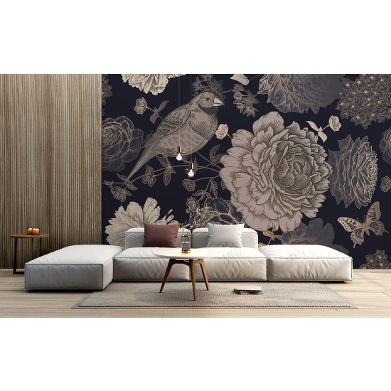 Panoramic Wallpaper - Wall Mural - Bird Flowers