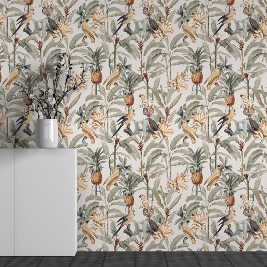 Panoramic Wallpaper - Wall Mural - Birds Pineapple Pattern