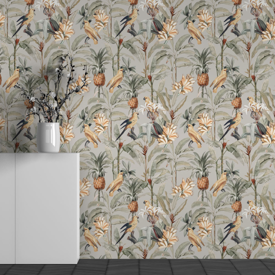 Panoramic Wallpaper - Wall Mural - Birds Pineapple Pattern