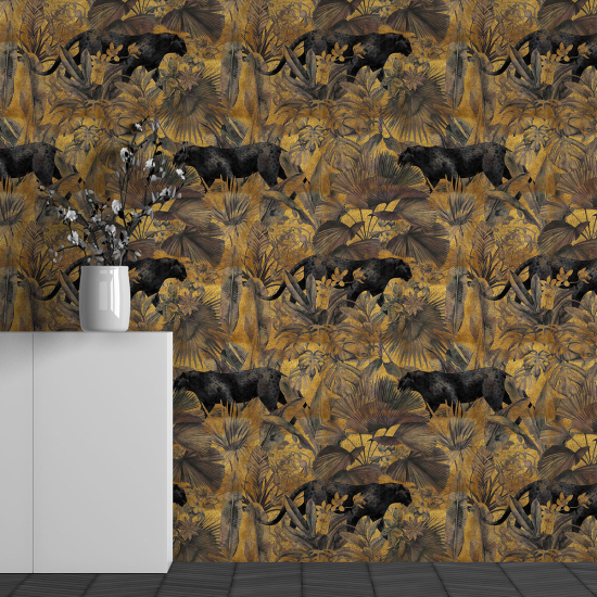 Panoramic Wallpaper - Wall Mural - Black Panther Leaves Pattern