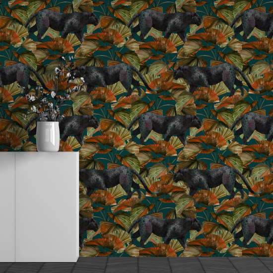 Panoramic Wallpaper - Wall Mural - Black Panther Leaves Pattern