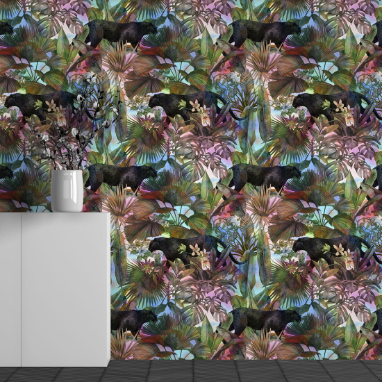 Panoramic Wallpaper - Wall Mural - Black Panther Leaves Pattern