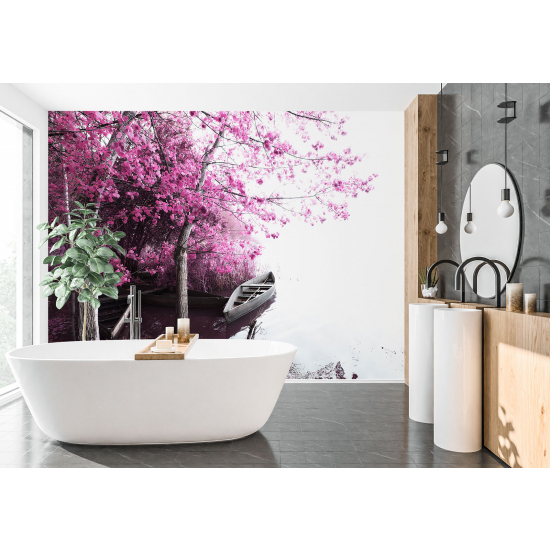 Panoramic Wallpaper - Wall Mural - Boat Pink Flowers