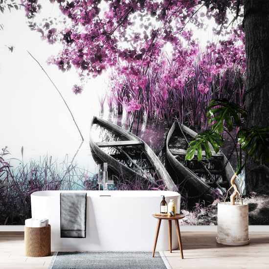 Panoramic Wallpaper - Wall Mural - Boats Pink Flowers