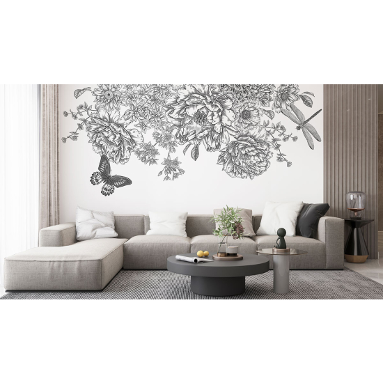 Panoramic Wallpaper - Wall Mural - Butterfly Flowers