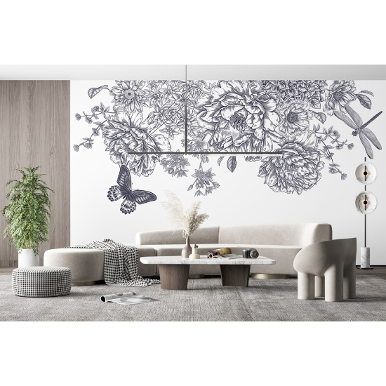 Panoramic Wallpaper - Wall Mural - Butterfly Flowers