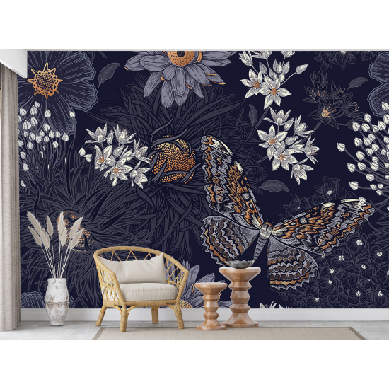 Panoramic Wallpaper - Wall Mural - Butterfly Flowers