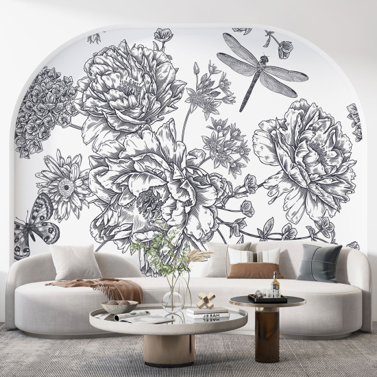 Panoramic Wallpaper - Wall Mural - Dragonfly Flowers