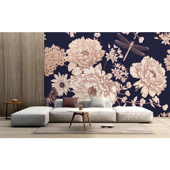 Panoramic Wallpaper - Wall Mural - Dragonfly Flowers