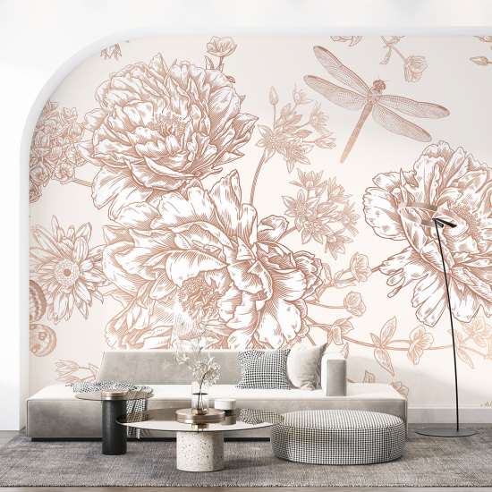 Panoramic Wallpaper - Wall Mural - Dragonfly Flowers