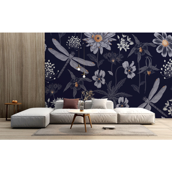 Panoramic Wallpaper - Wall Mural - Dragonfly Flowers