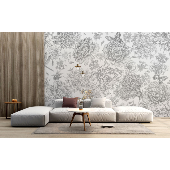 Panoramic Wallpaper - Wall Mural - Dragonfly Flowers