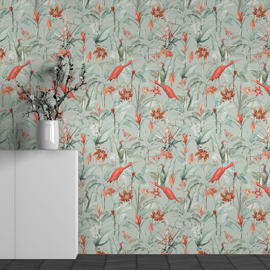 Panoramic Wallpaper - Wall Mural - Flamingo Flowers Pattern