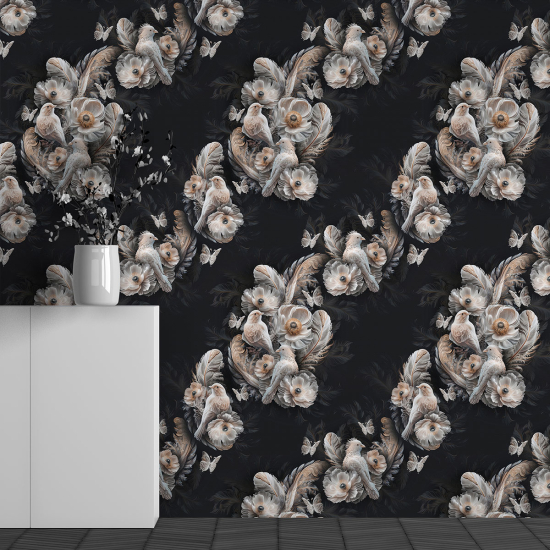 Panoramic Wallpaper - Wall Mural - Flower Bird Pattern