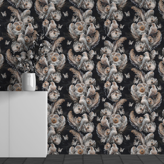 Panoramic Wallpaper - Wall Mural - Flower Bird Pattern