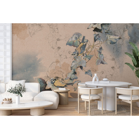 Panoramic Wallpaper - Wall Mural - Flowers Birds