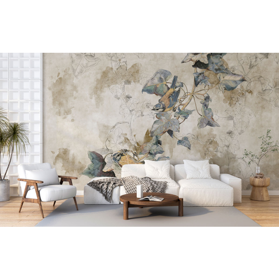 Panoramic Wallpaper - Wall Mural - Flowers Birds