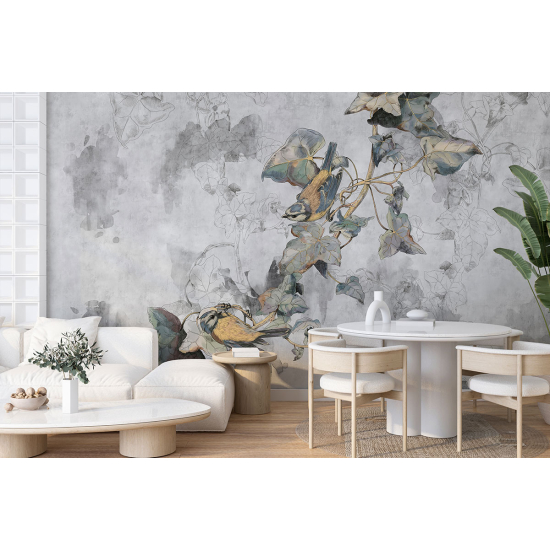 Panoramic Wallpaper - Wall Mural - Flowers Birds