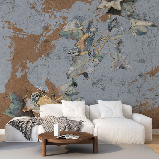 Panoramic Wallpaper - Wall Mural - Flowers Birds