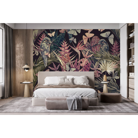 Panoramic Wallpaper - Wall Mural - Flowers Birds