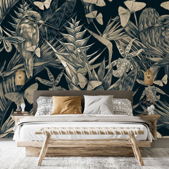 Panoramic Wallpaper - Wall Mural - Flowers Birds