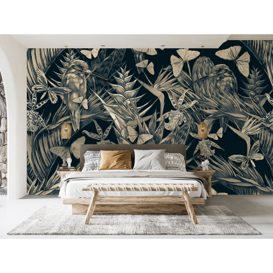 Panoramic Wallpaper - Wall Mural - Flowers Birds