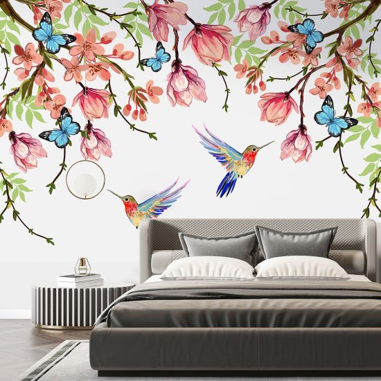 Panoramic Wallpaper - Wall Mural - Flowers birds